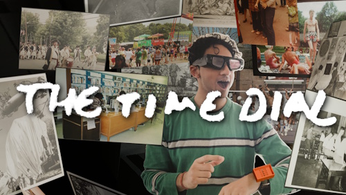 time dial hero image, man wearing custom red watch with dial, historical photos around him